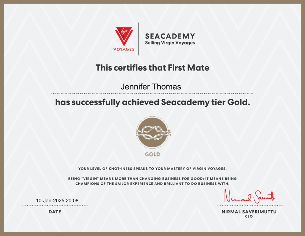 certification of completion from Virgin Voyages